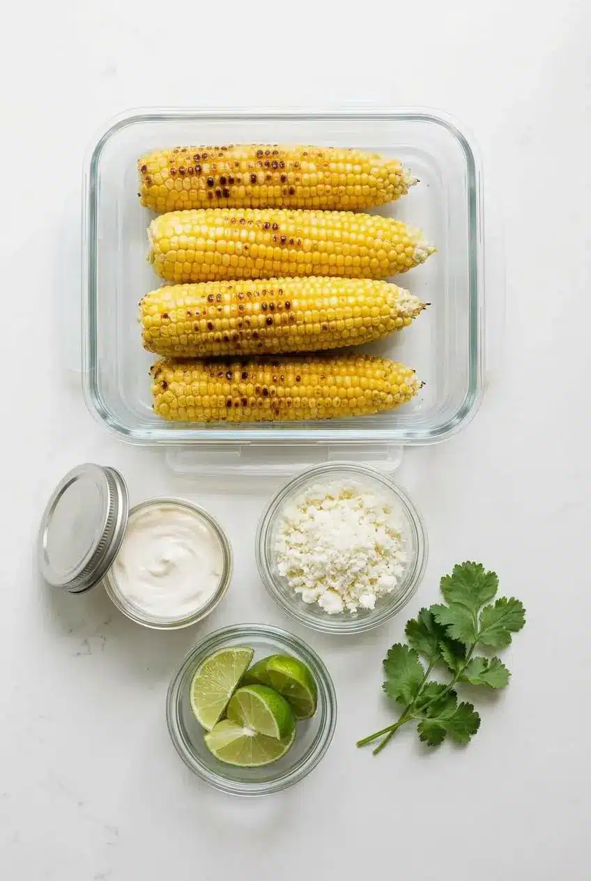 Undressed charred corn cobs in a glass meal prep container next to jars of creamy glaze and cotija cheese.