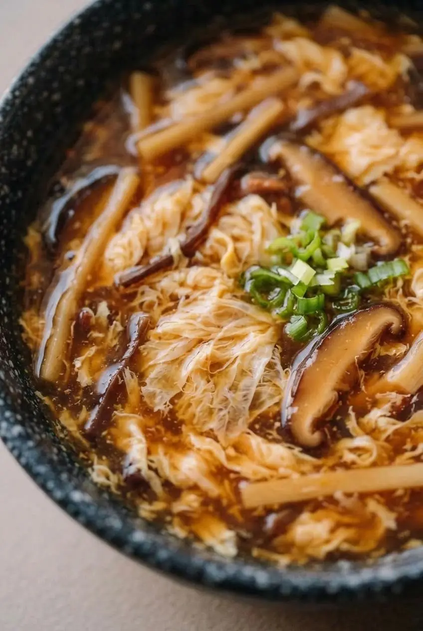 Macro shot of delicate yellow feathery egg ribbons suspended in glossy hot and sour soup broth.