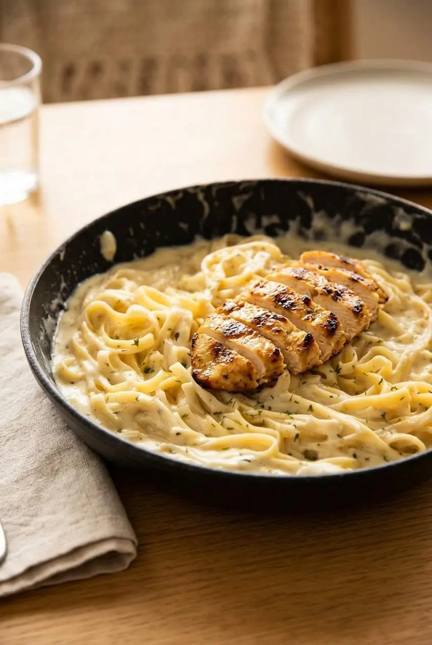 Warm fettuccine pasta tossed in creamy Alfredo sauce topped with sliced grilled chicken breast.