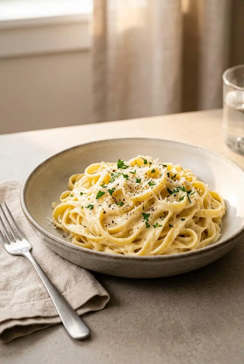 Warm fettuccine pasta tossed in creamy garlic parmesan sauce topped with black pepper.