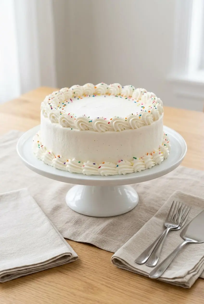 Whole homemade ice cream cake decorated with whipped cream rosettes and rainbow sprinkles on a cake stand.