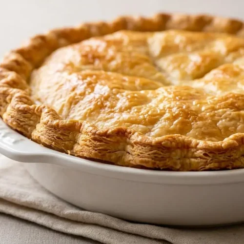 Golden, flaky baked pie crust recipe with crisp crimped edges in a baking dish.