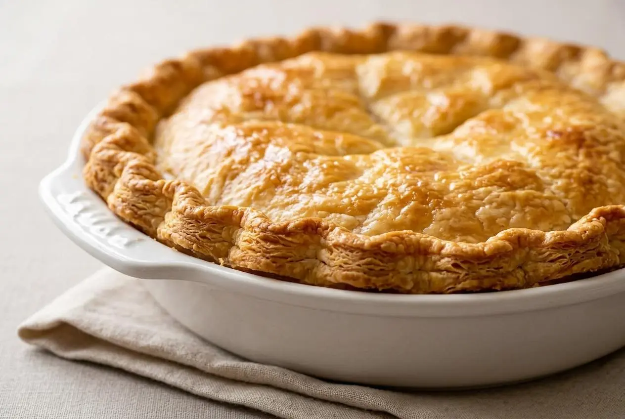 Golden, flaky baked pie crust recipe with crisp crimped edges in a baking dish.