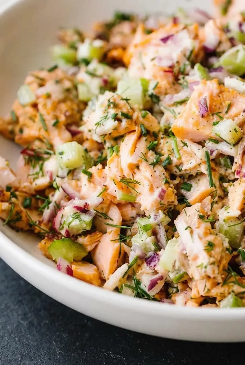Close-up of flaky salmon salad showing creamy dressing coating large pink fish flakes and minced herbs.