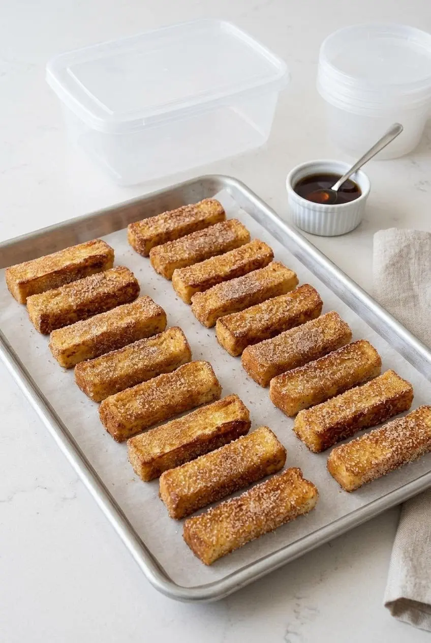 Cooked french toast sticks arranged in a single layer on a parchment-lined baking sheet for freezing.