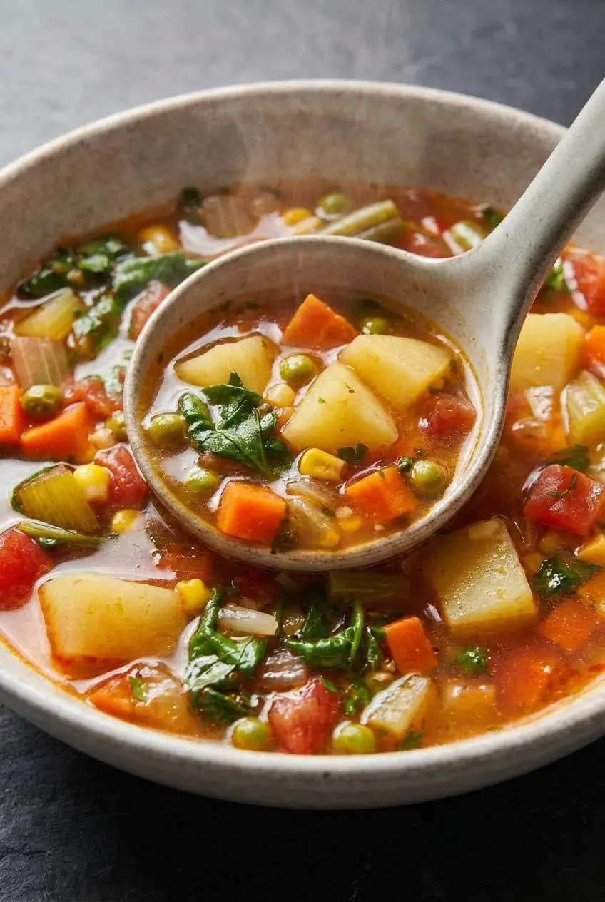 Macro close-up of a ladle lifting rich, herb-speckled vegetable soup broth with corn, peas, spinach, and carrots.