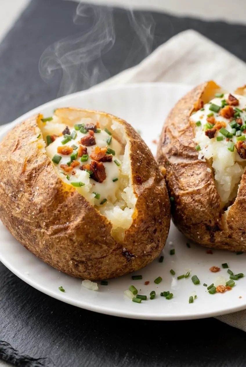 Close-up of a split Russet potato showing airy, fluffy starchy flakes and crisp roasted salted skin.