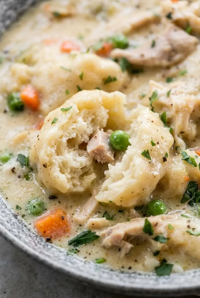 Tender drop dumpling broken open showing a fluffy, airy interior resting in creamy chicken stew.