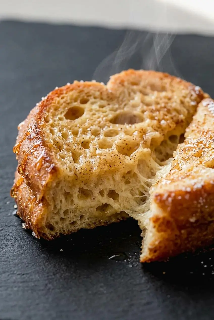 Close-up of thick sliced French toast cut open revealing a soft custardy crumb and golden crust.