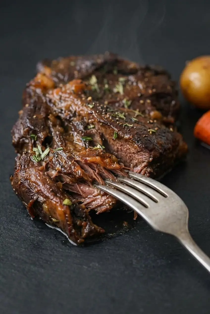 Fork pulling apart juicy braised beef chuck roast coated in glossy herb gravy.