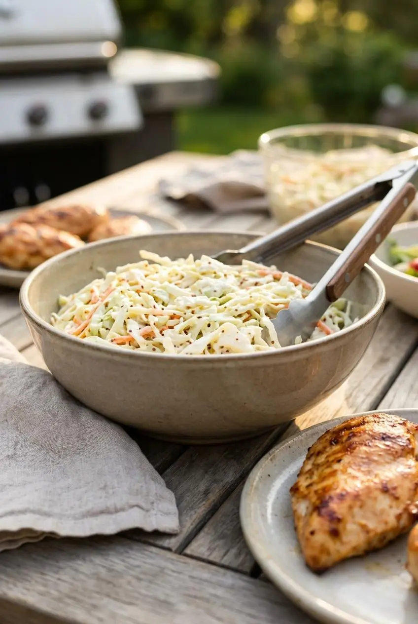 Fresh coleslaw served in a ceramic bowl on an outdoor patio table next to golden grilled barbecue chicken.