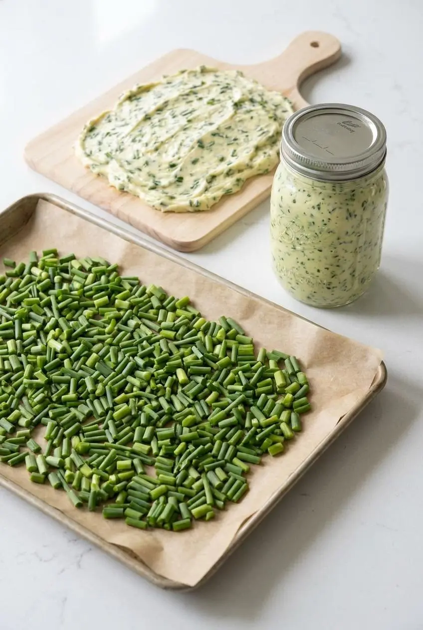 Finely chopped green garlic scapes laid out on a parchment-lined baking sheet next to a jar of compound butter.