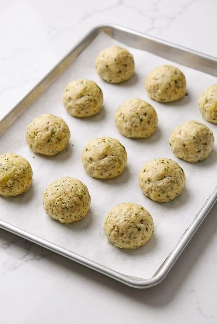 Freshly cooked matzo balls arranged on a parchment-lined baking sheet for freezing.
