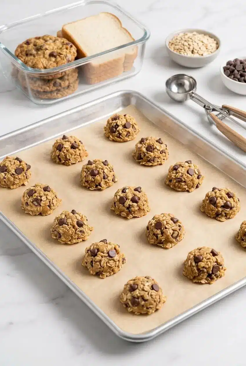 Portioned mounds of oatmeal chocolate chip cookie dough arranged on parchment paper for freezing.