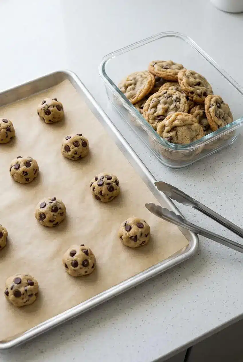 Raw cookie dough balls on a baking sheet next to baked cookies in an airtight glass container.