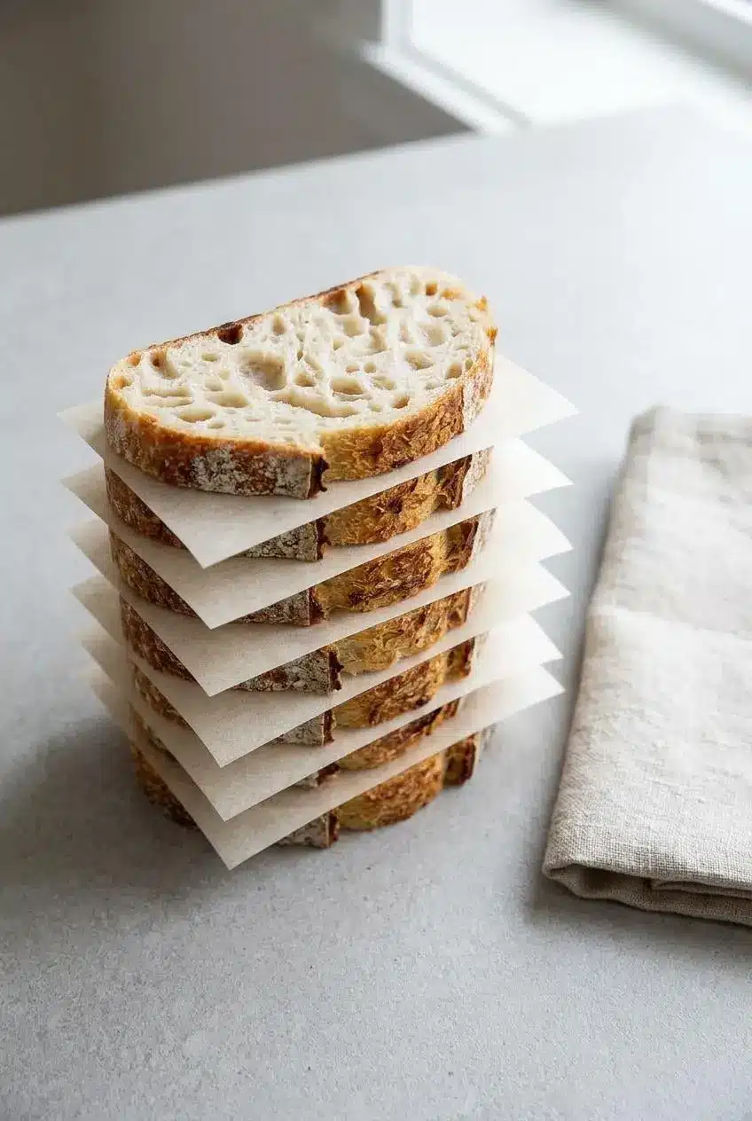 Sourdough bread slices layered between parchment paper sheets for freezer storage.