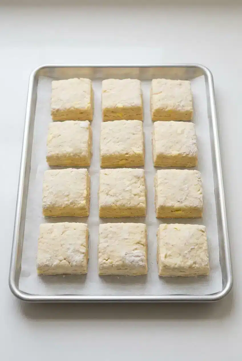 Unbaked square scone dough pieces arranged on parchment paper, ready to be frozen before baking.