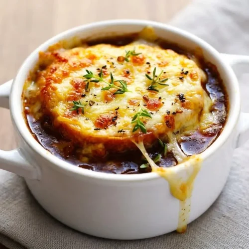 French onion soup recipe served in a crock with bubbling melted Gruyere over a toasted baguette slice.