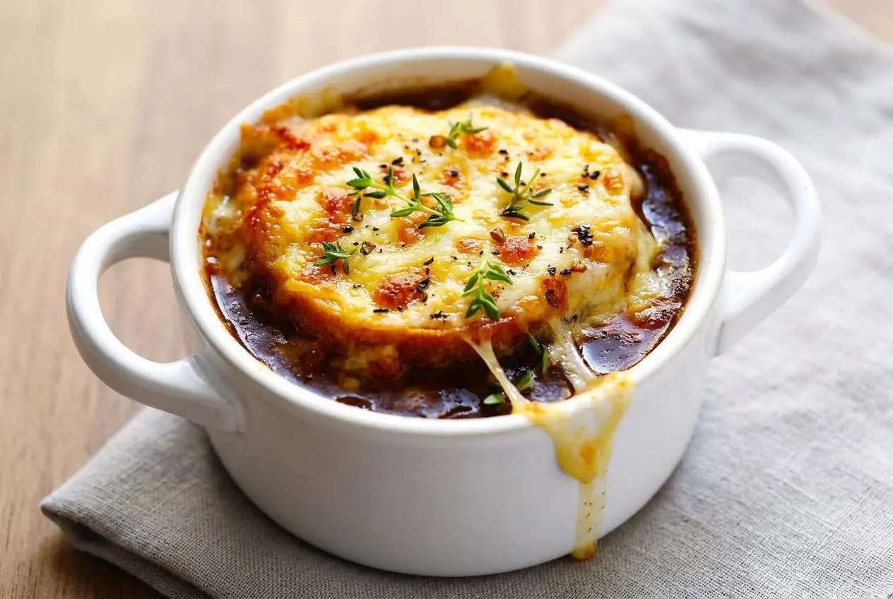 French onion soup recipe served in a crock with bubbling melted Gruyere over a toasted baguette slice.