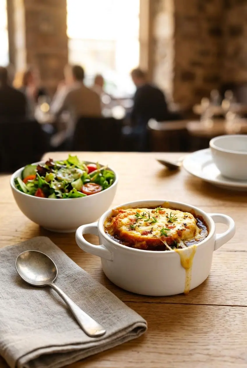 French onion soup in a ceramic crock served with a crisp green side salad tossed in Dijon vinaigrette.