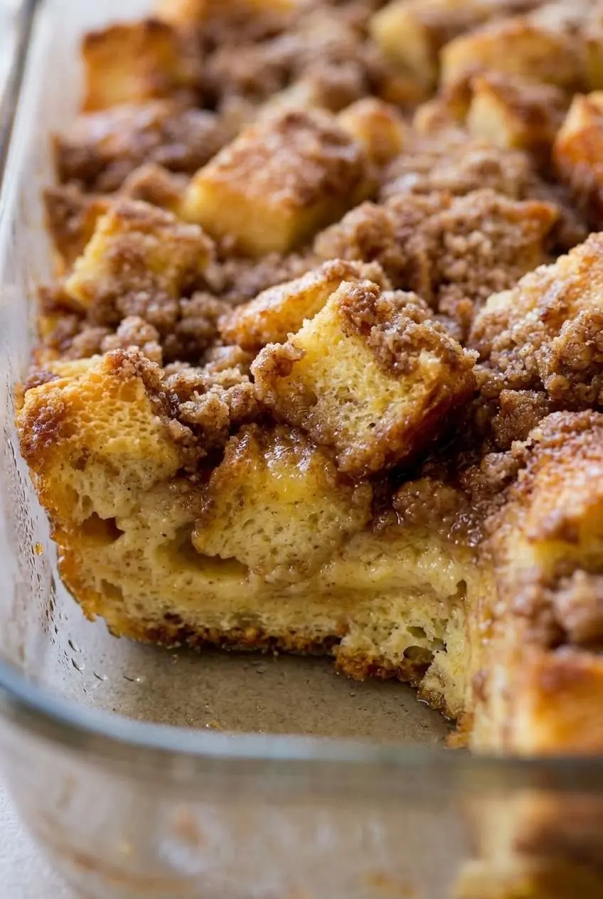 Cross section of french toast casserole showing a set custard interior and caramelized streusel top.
