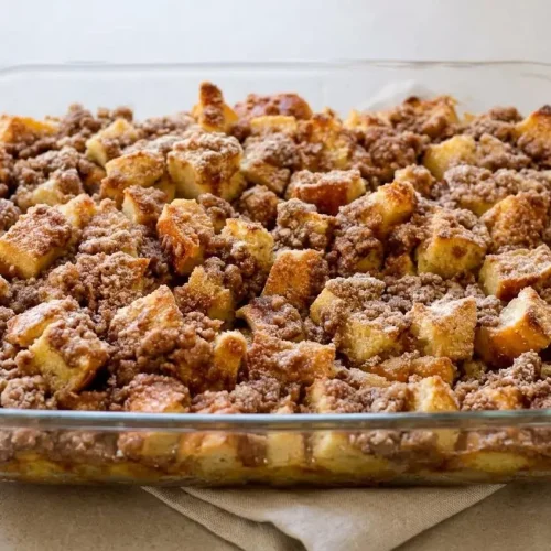 Baked french toast casserole with a custardy center and golden cinnamon streusel topping in a baking dish.