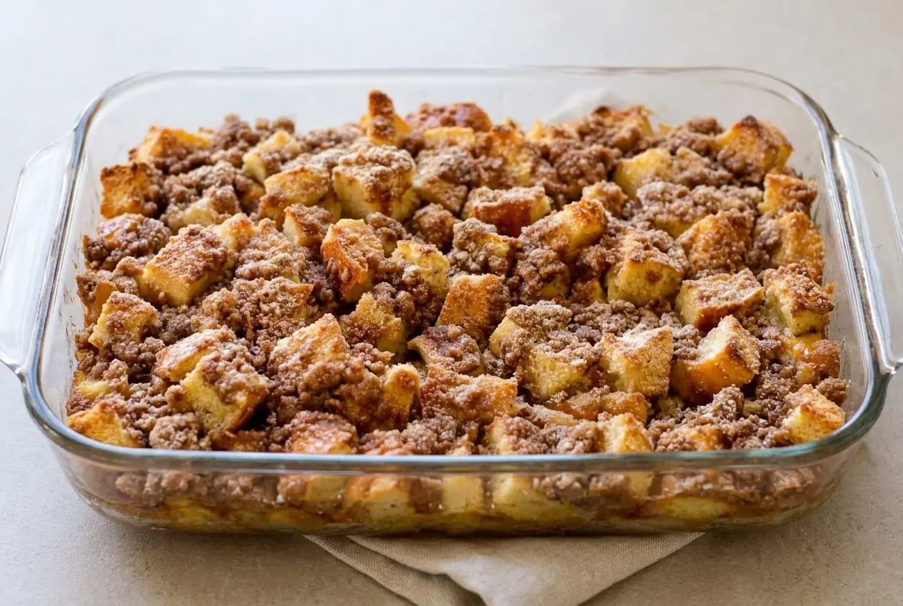 Baked french toast casserole with a custardy center and golden cinnamon streusel topping in a baking dish.