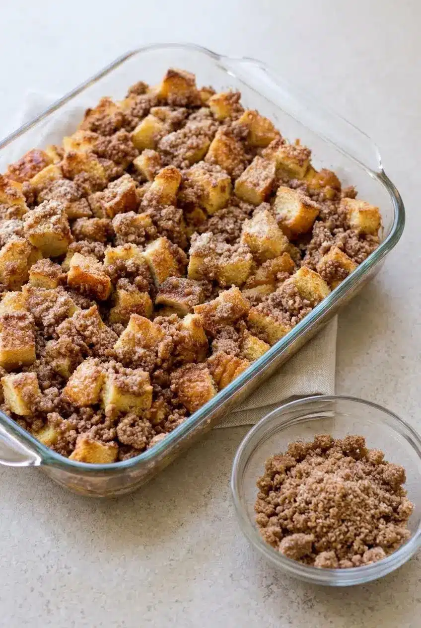 Bread cubes soaking in custard in a glass baking dish beside a bowl of cold streusel topping.