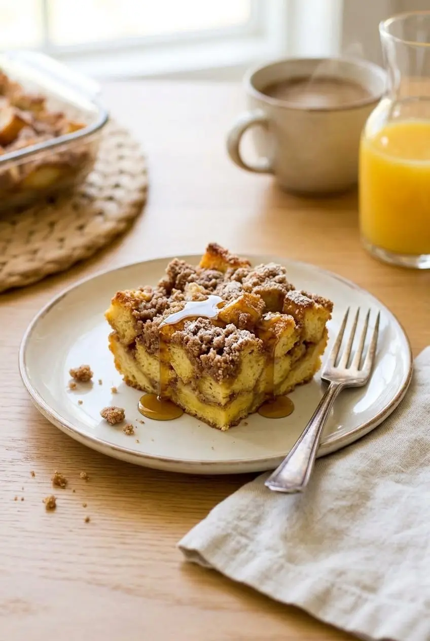 Warm slice of french toast casserole on a plate drizzled with maple syrup and powdered sugar.