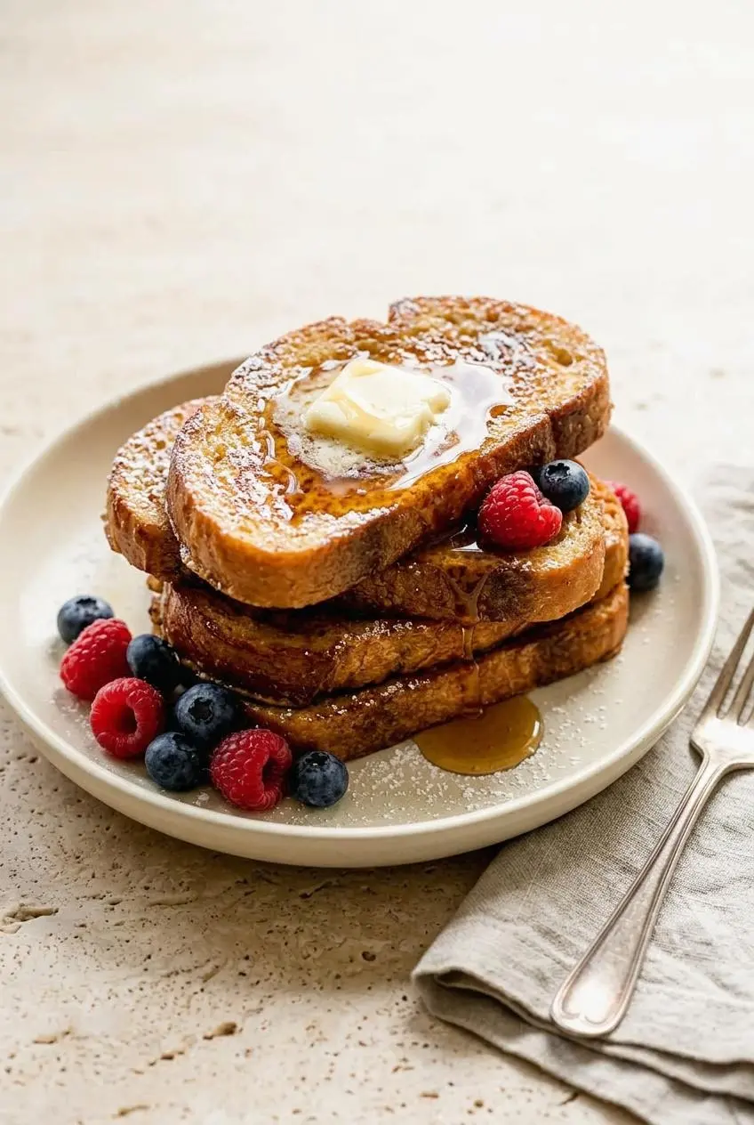 Stack of golden French toast topped with melting butter, pure maple syrup, and fresh berries.