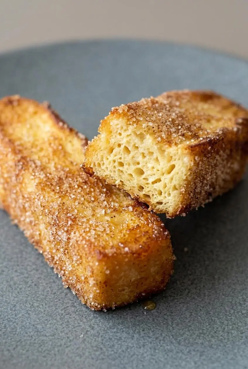 Close-up of a broken french toast stick revealing a fluffy custardy center and crisp sugar crust.
