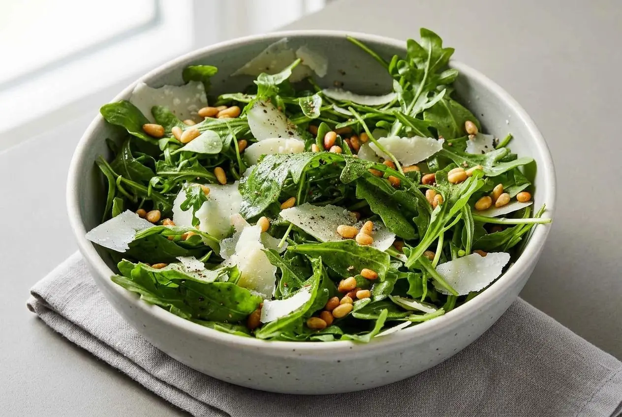 Freshly tossed arugula salad with shaved Parmesan cheese and toasted pine nuts in a rustic ceramic bowl.