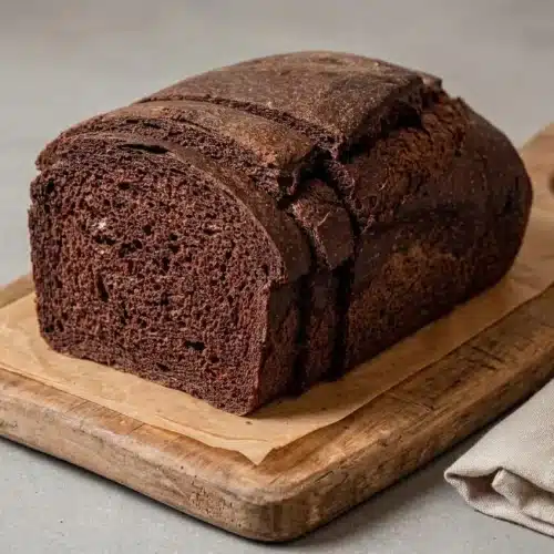 Loaf of homemade pumpernickel bread with a rich mahogany crust and tender sliced interior.