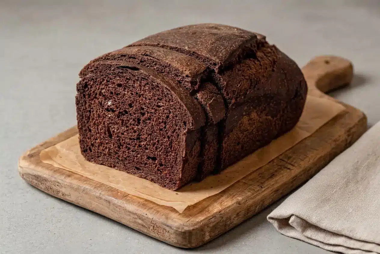 Loaf of homemade pumpernickel bread with a rich mahogany crust and tender sliced interior.