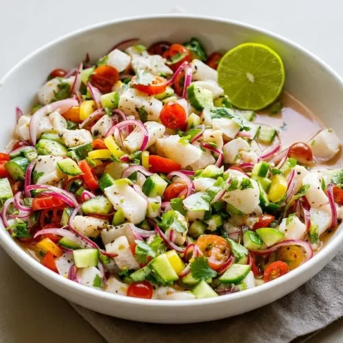 Fresh ceviche recipe featuring tender opaque fish cubes with glossy lime juice, red onion, and cilantro.