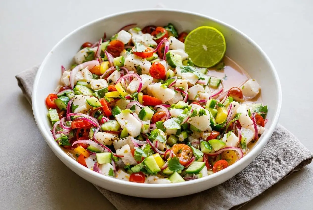 Fresh ceviche recipe featuring tender opaque fish cubes with glossy lime juice, red onion, and cilantro.