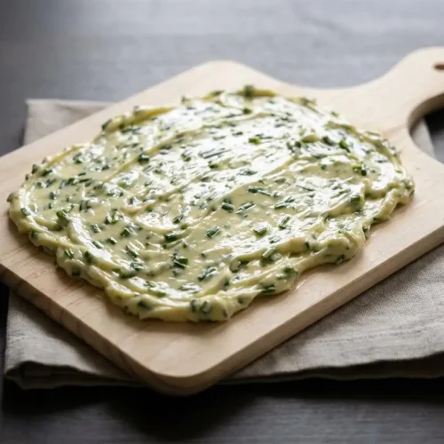 Creamy, pale green garlic scape compound butter flecked with fine green pieces of fresh garlic scapes.