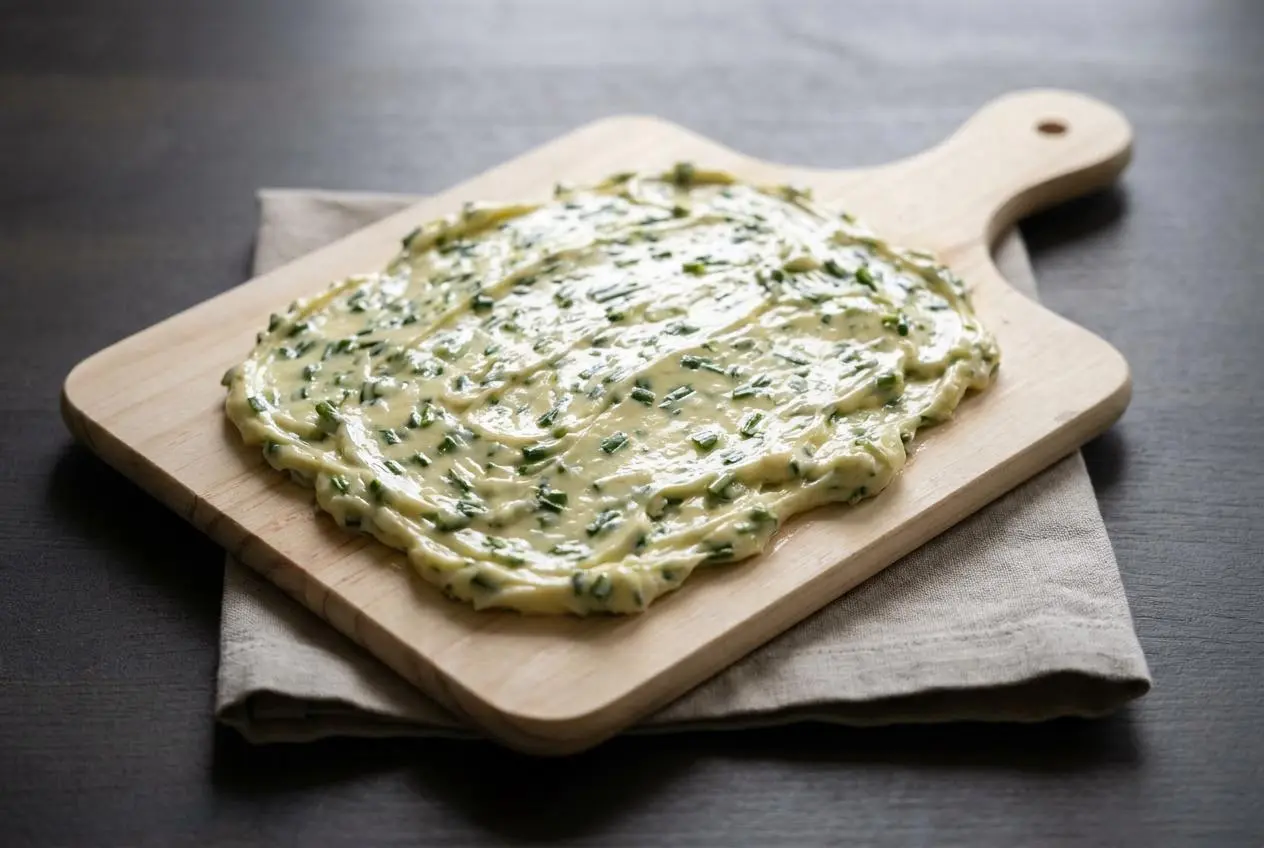 Creamy, pale green garlic scape compound butter flecked with fine green pieces of fresh garlic scapes.