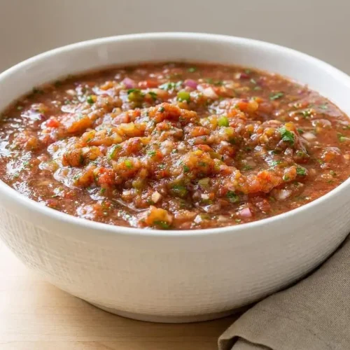 Glistening restaurant-style salsa recipe with a thick texture, fresh cilantro flecks, and lime juice.