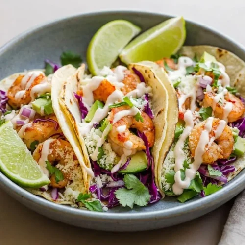 Plump seared shrimp tacos topped with shredded purple cabbage, diced avocado, Cotija, and creamy garlic lime sauce.