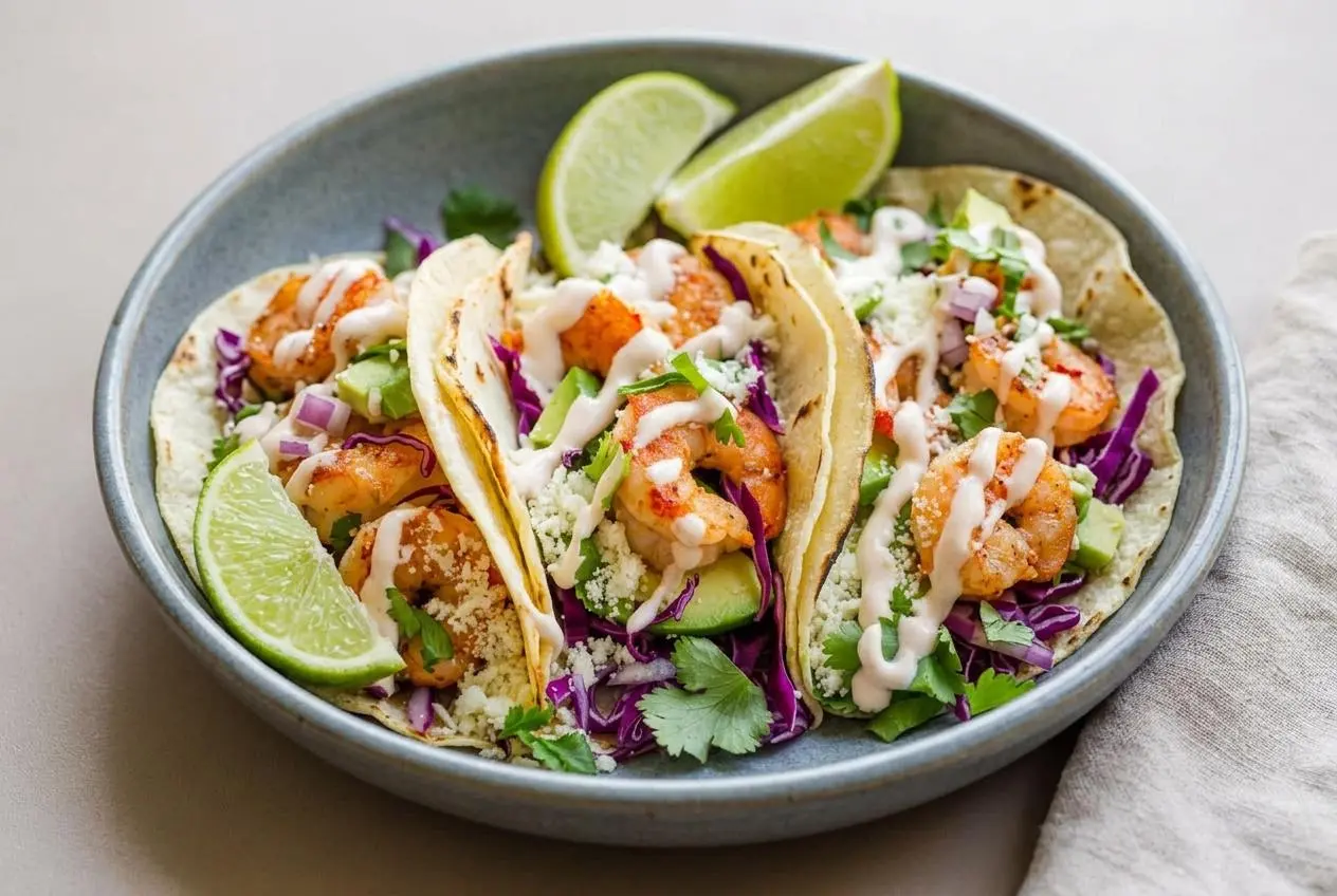 Plump seared shrimp tacos topped with shredded purple cabbage, diced avocado, Cotija, and creamy garlic lime sauce.