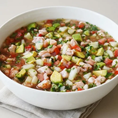 Shrimp ceviche recipe in a bowl with tender lime-cured shrimp, crisp cucumber, cilantro, and creamy avocado.