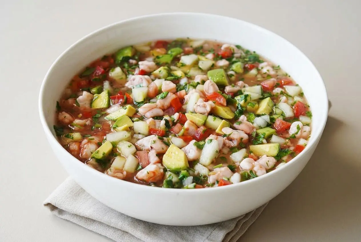 Shrimp ceviche recipe in a bowl with tender lime-cured shrimp, crisp cucumber, cilantro, and creamy avocado.