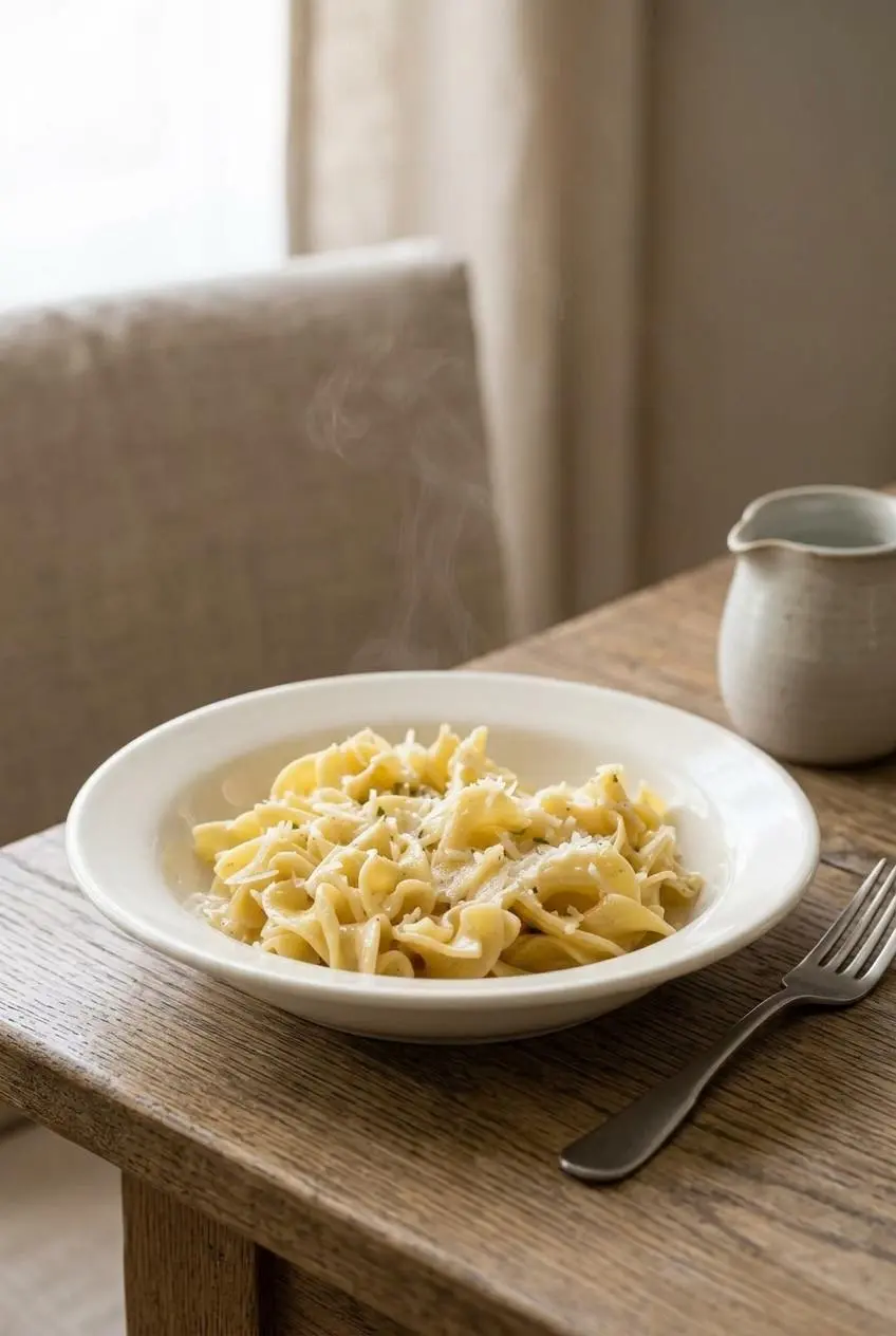 Steaming bowl of freshly tossed noodles with eggs garnished with parsley and pepper