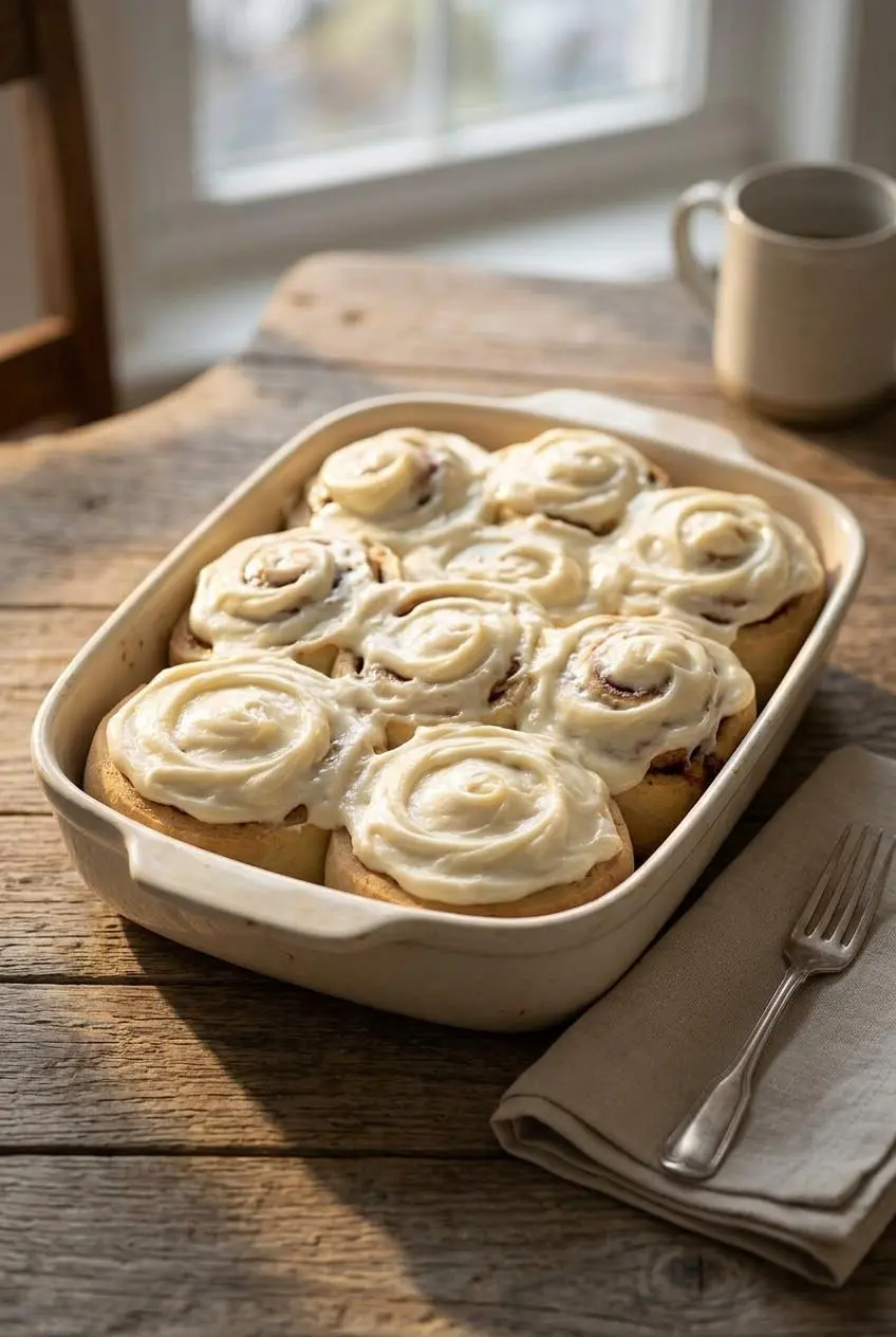 Freshly baked cinnamon rolls topped with fluffy cream cheese frosting in a ceramic dish on a wooden table.