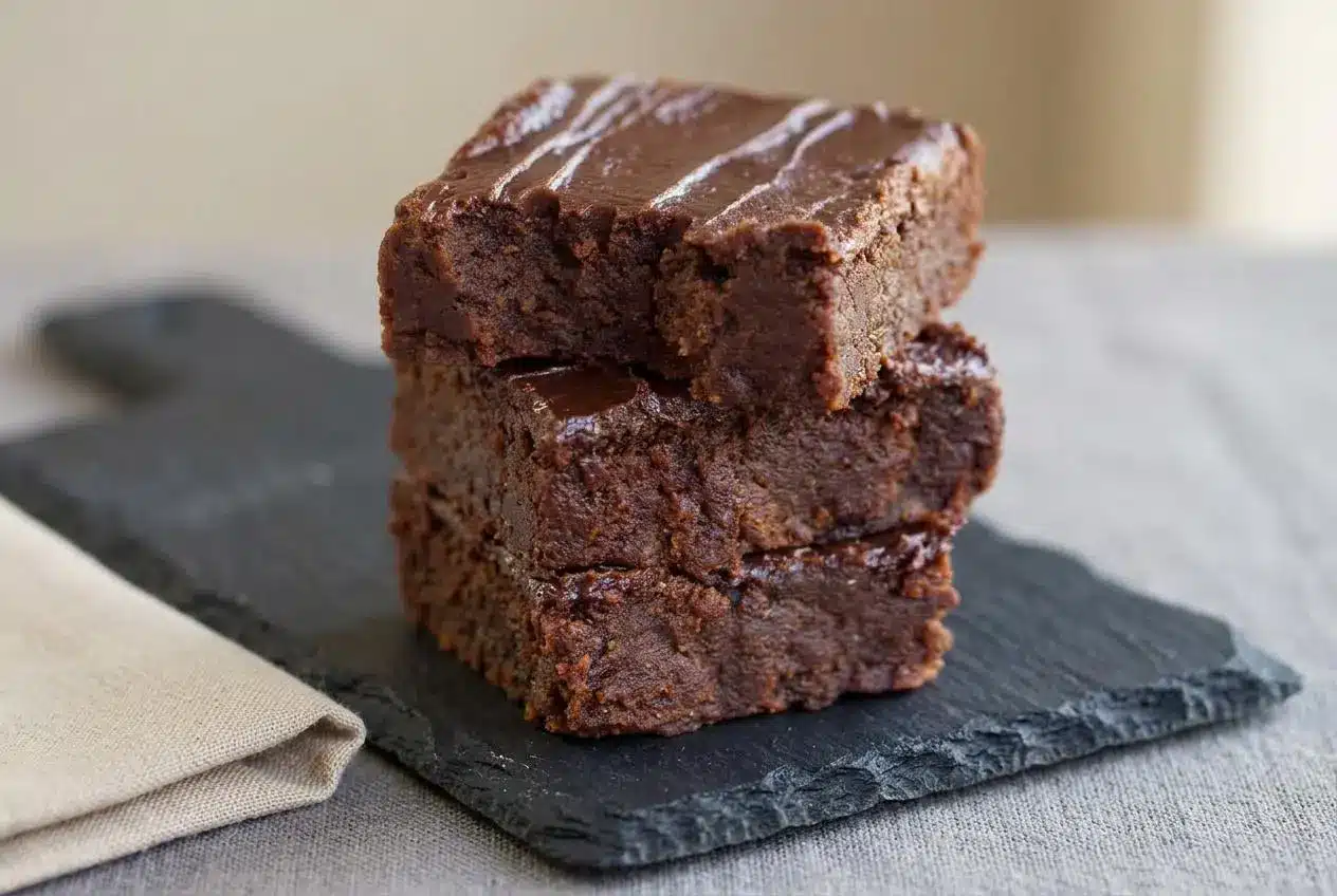 Fudgy sweet potato brownies cut into thick squares with a rich glossy chocolate surface