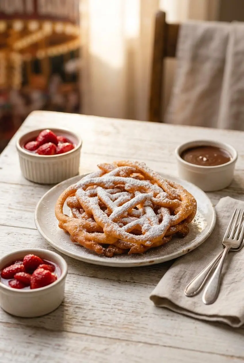 Powdered sugar funnel cake served on a plate with macerated strawberries and chocolate sauce.