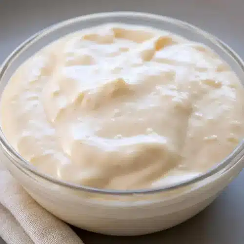 Creamy, glossy dip in a small bowl representing a finished garlic aioli recipe.