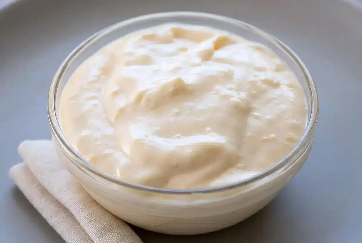 Creamy, glossy dip in a small bowl representing a finished garlic aioli recipe.