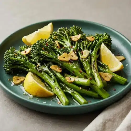 Garlicky broccolini recipe with glossy tender-crisp stems, vivid emerald florets, and fresh lemon juice.